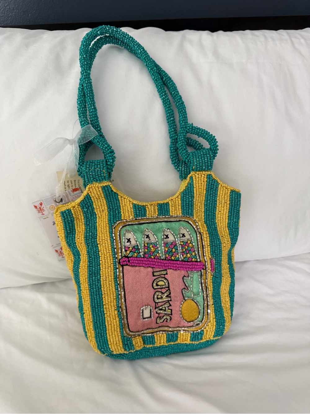 Beaded Teal & Yellow Stripe Women's Tote with Candy Patch